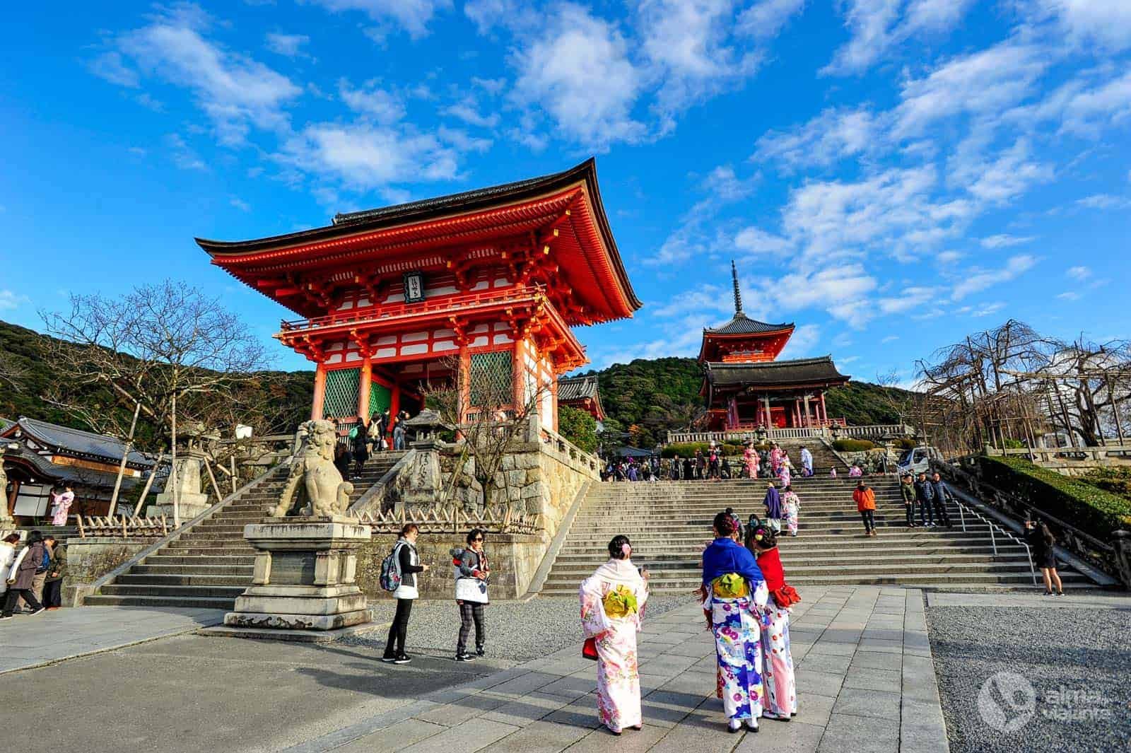 Alameda tradicional em Kyoto entre cerejeiras